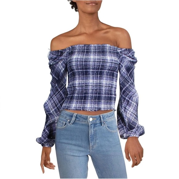 INC International Concepts Navy Plaid Off-Shoulder Blouse sz L - Picture 3 of 12